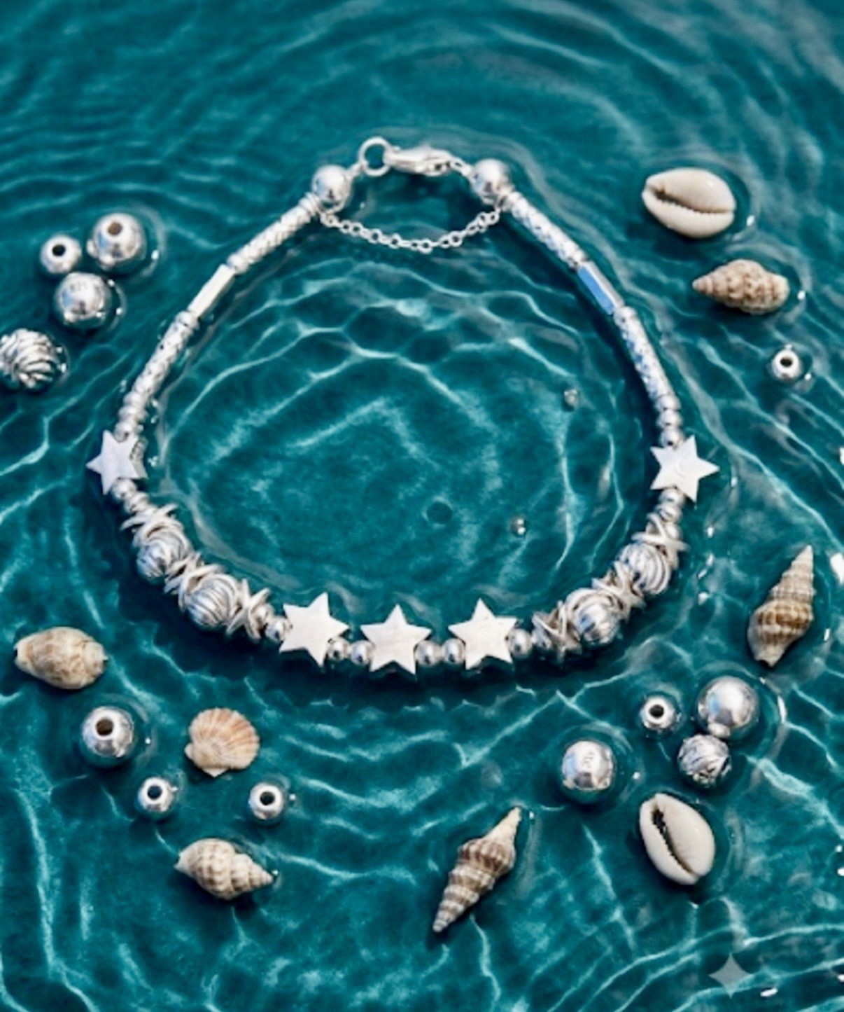 STERLING SILVER 925 Beaded Star Charm Bracelet Lobster Clasp safety chain No;1