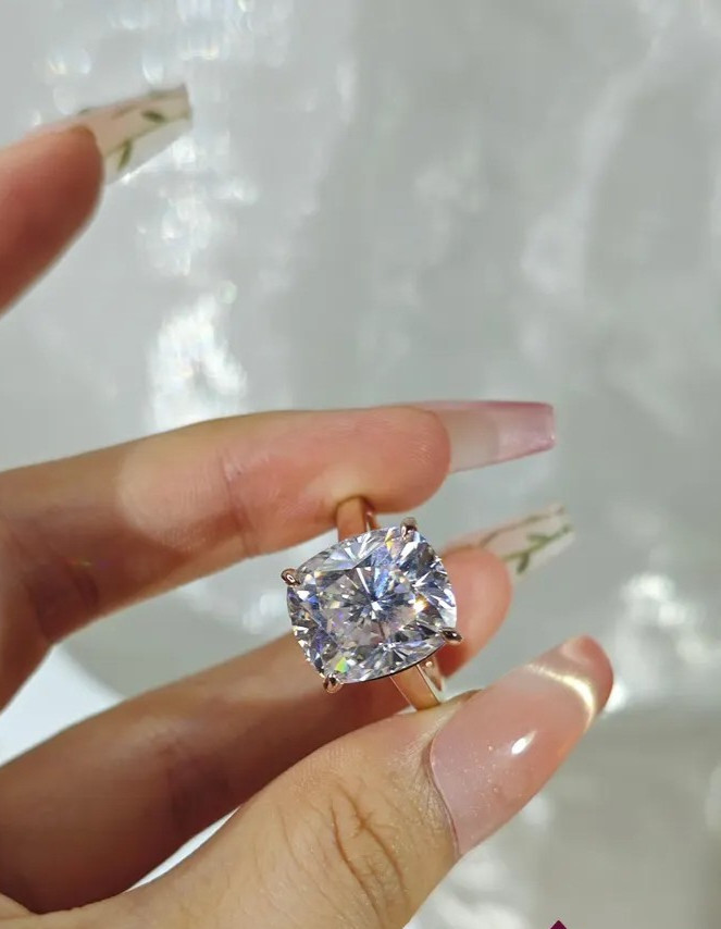 RARE 4.90 Ct Cushion White Treated Diamond Ring, 925 Silver, Excellent Luster