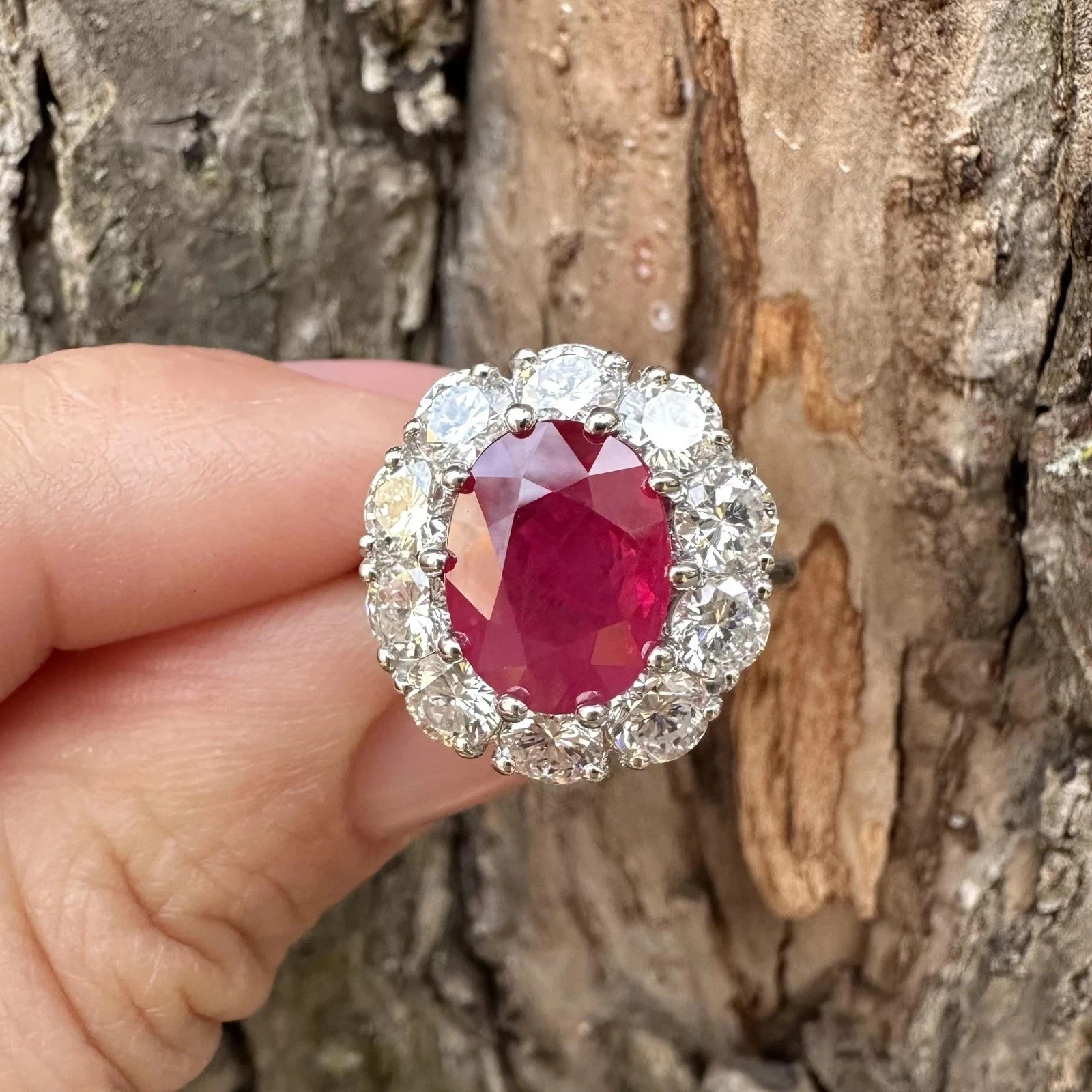 Natural Red Ruby & Diamond Wedding Ring 14K White Gold Oval Cut 6.45 Cts Size 7