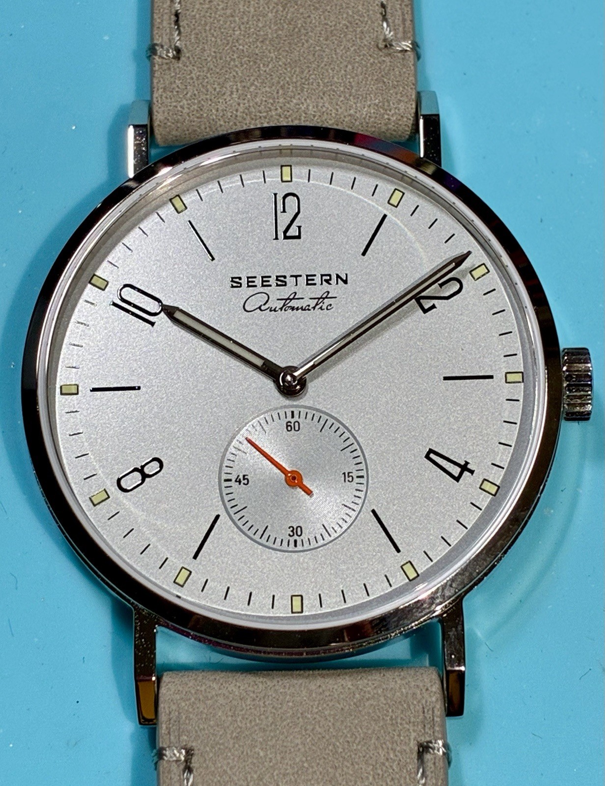 SEESTERN 38MM SMALL SECONDS MINIMALIST BAUHAUS STYLE AUTO SEAGULL LIGHT BLUE NEW
