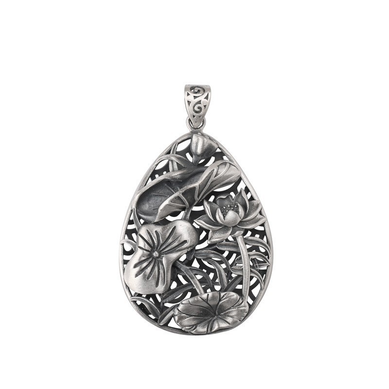 Lotus Leaf Teardrop Pendant Double Sided Openwork Matte 27.5g 990 Fine Silver