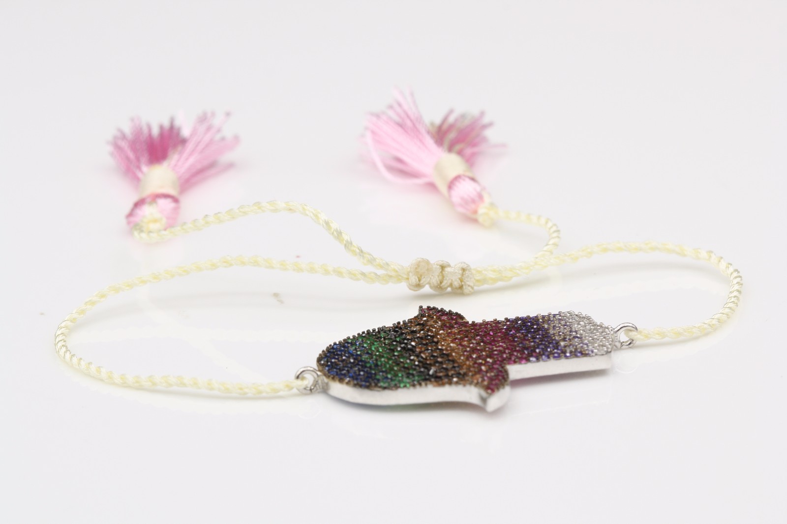 BRILLIANT EVIL EYE HAND BRACELET GOOD LUCK MULTI COLOR CZ ROPE TASSEL PINK