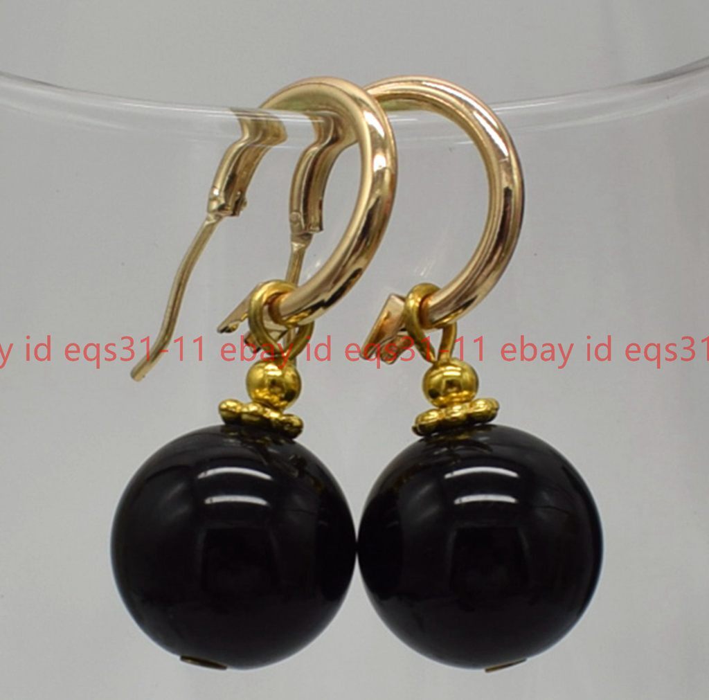 Classic Noblest 12mm Black Agate Round Gemstone Beads Leveback Earrings