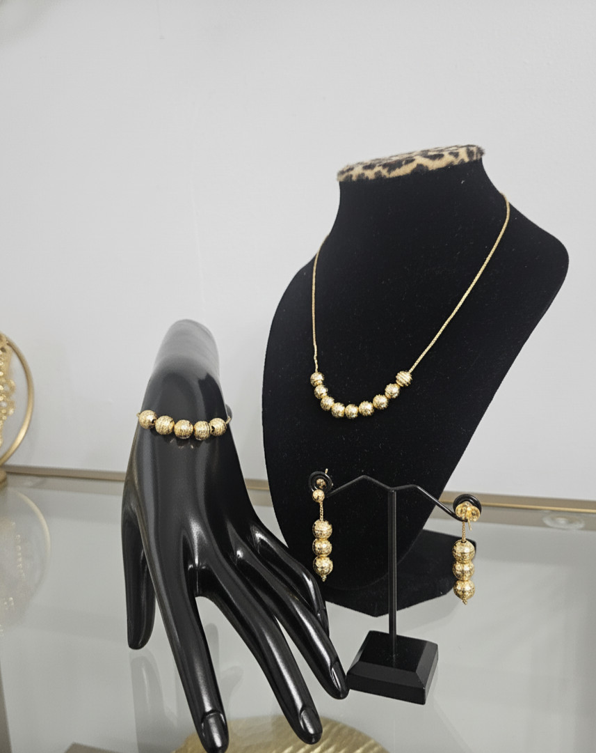 Ladies Women Outing Party Golden Serenity Ball Necklace Earrings Bracelet Set