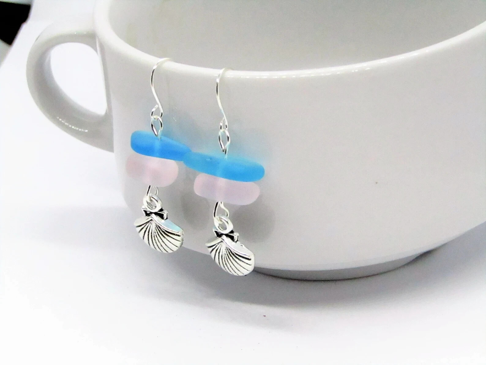Frosted Pink & Blue Sea Glass Beach Stone Pebble Silver Charm SEASHELL Earrings