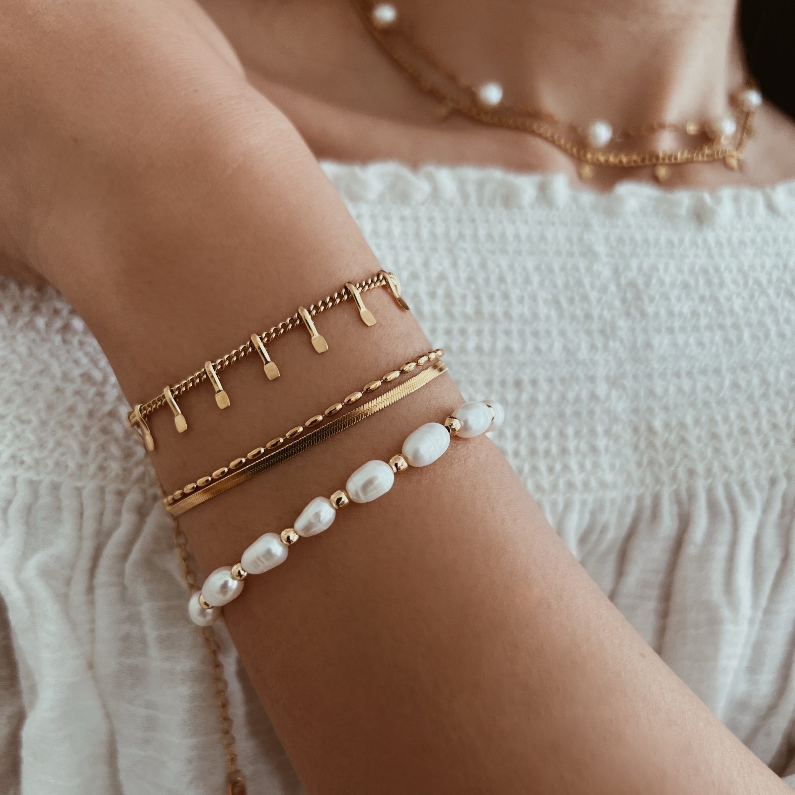 Gold Pearl Freshwater Pearl Bracelet Elastic Handmade Boho Wedding Stackable