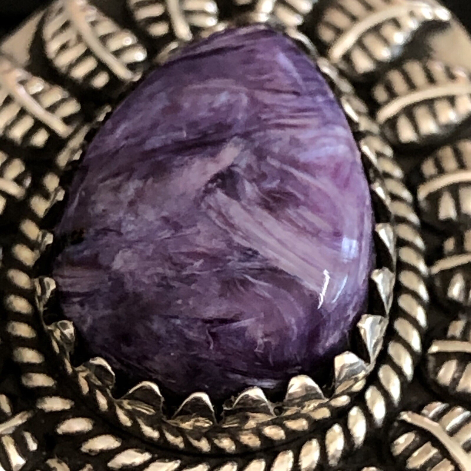 Sterling Silver Charoite Stone Feather Detail Poison Pendant Stamped 925