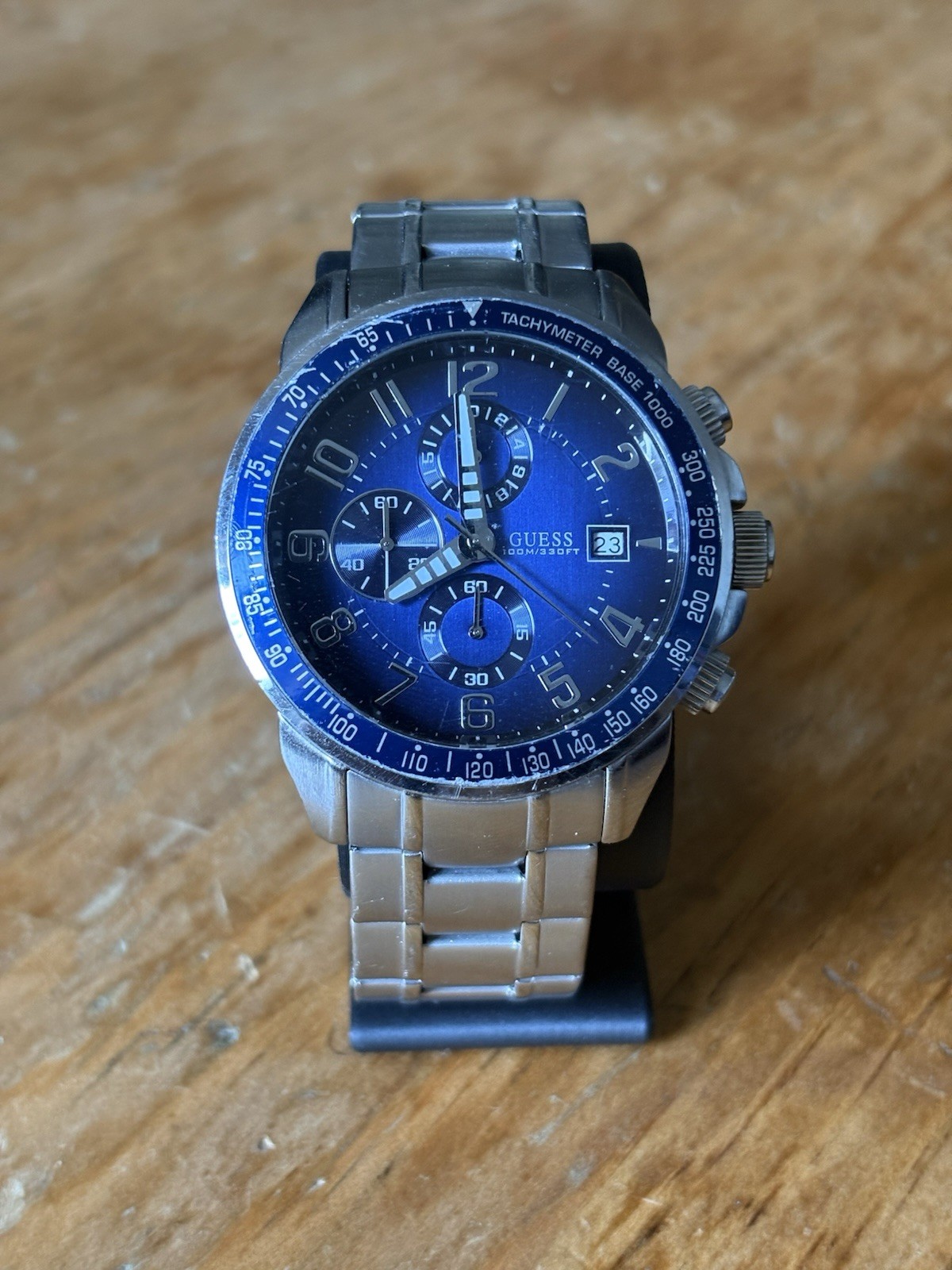 GUESS Mens Blue Dial Quartz Chronograph Tachymeter Date SS Bracelet 100m