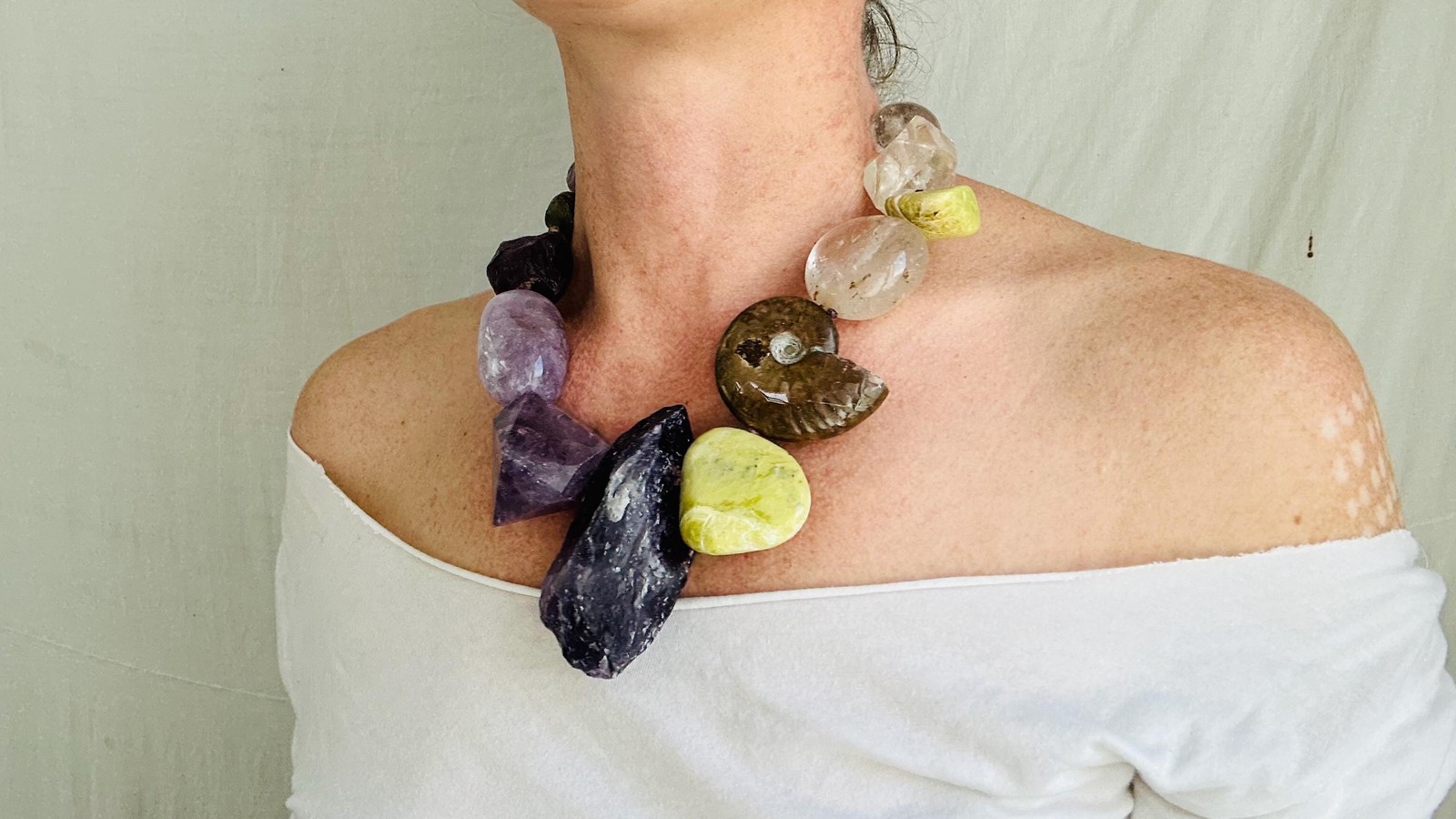 Amethyst, Ammonite & Gemstone Necklace.Handmade Designer Jewelry. Atelier Aadya.
