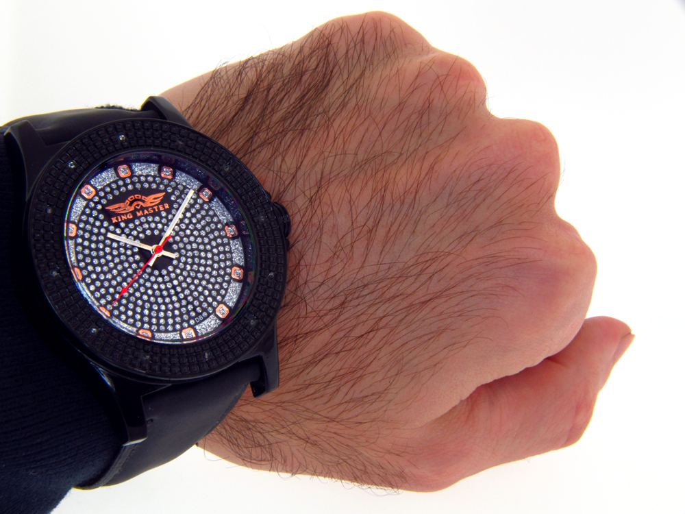 KING MASTER WATCH SUPER TECHNO MENS DIAMOND JOJO BLACK CASE FACE LEATHER BAND