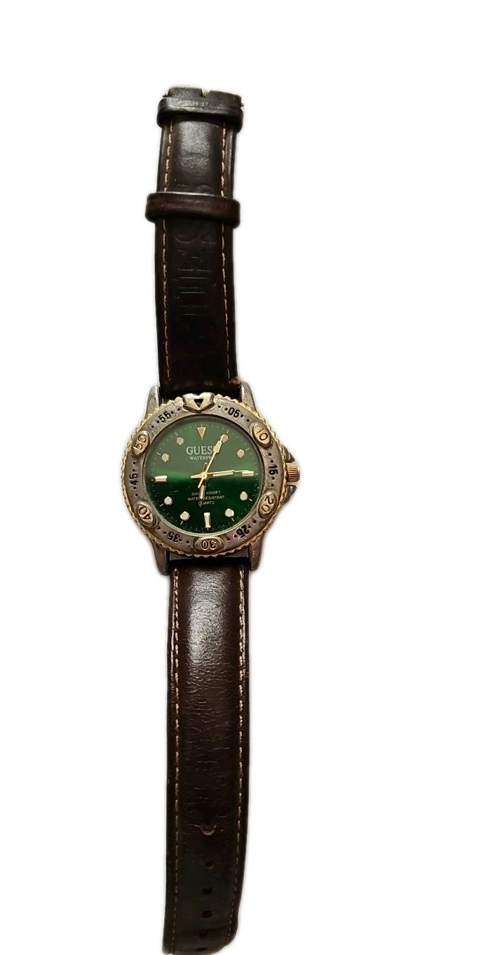 Guess Green Face Vtg Ladies Watch Not Tested Band Leather Stamped Parts WaterPro