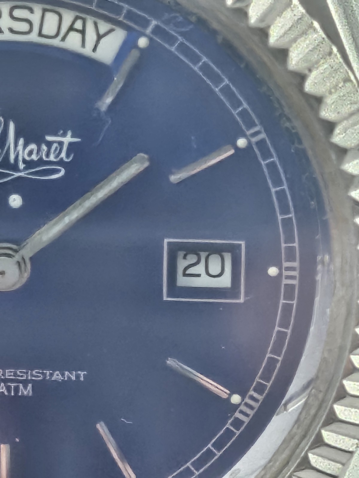 Mens Rare PAUL MARET Blue Sunray Dial Date Presidential Style Fluted Bezel Runs