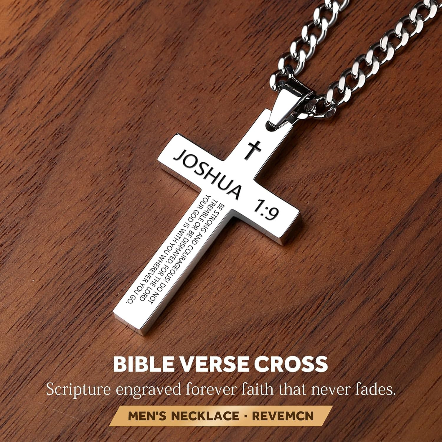 Inspirational Bible Verse Cross Necklace for Men Boys, Stainless Steel Plain Bla