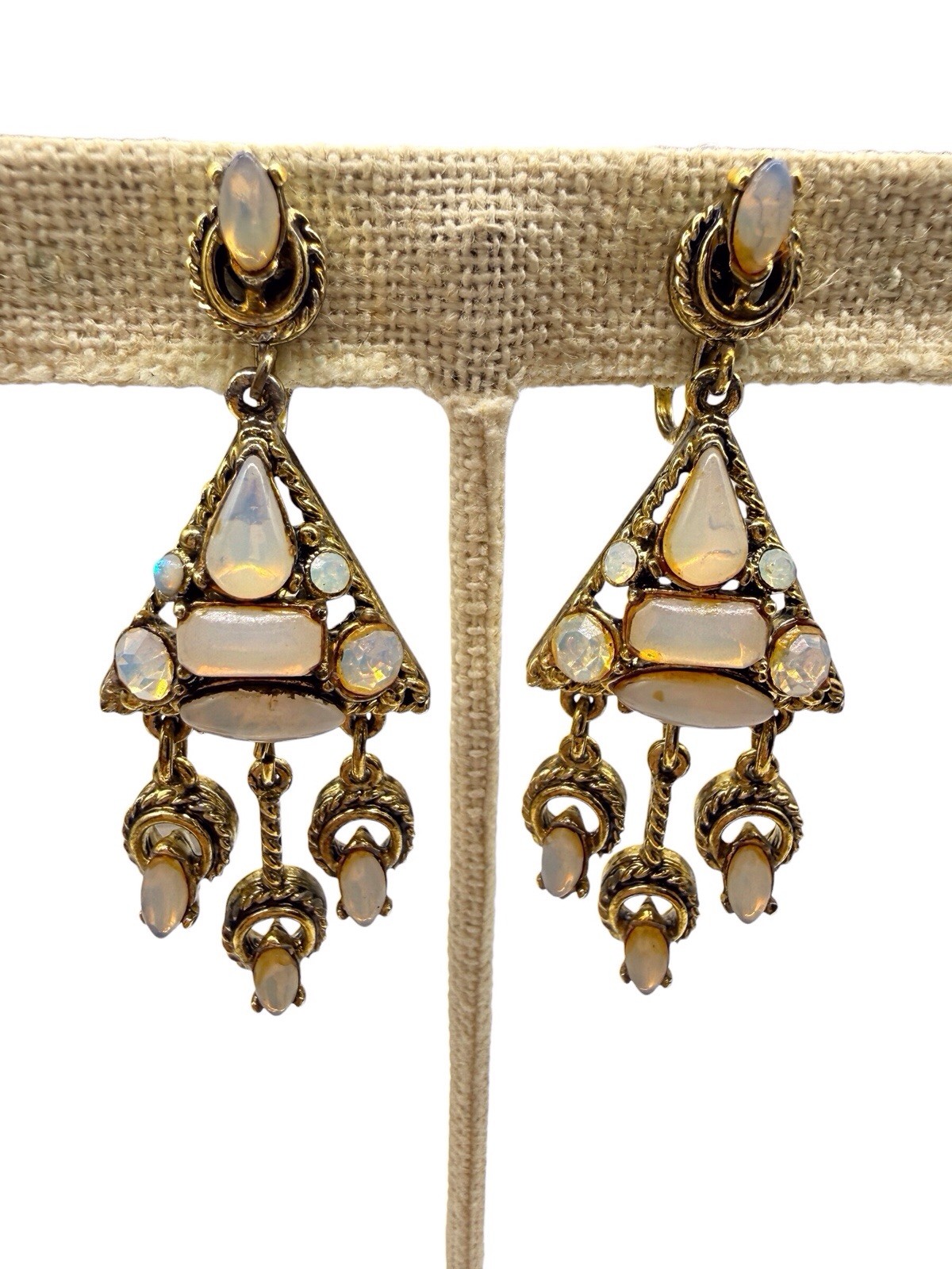 Vtg Hollycraft Set Brooch Dangle Earrings Fiery Opal Rhinestone Gold 50s 60s C