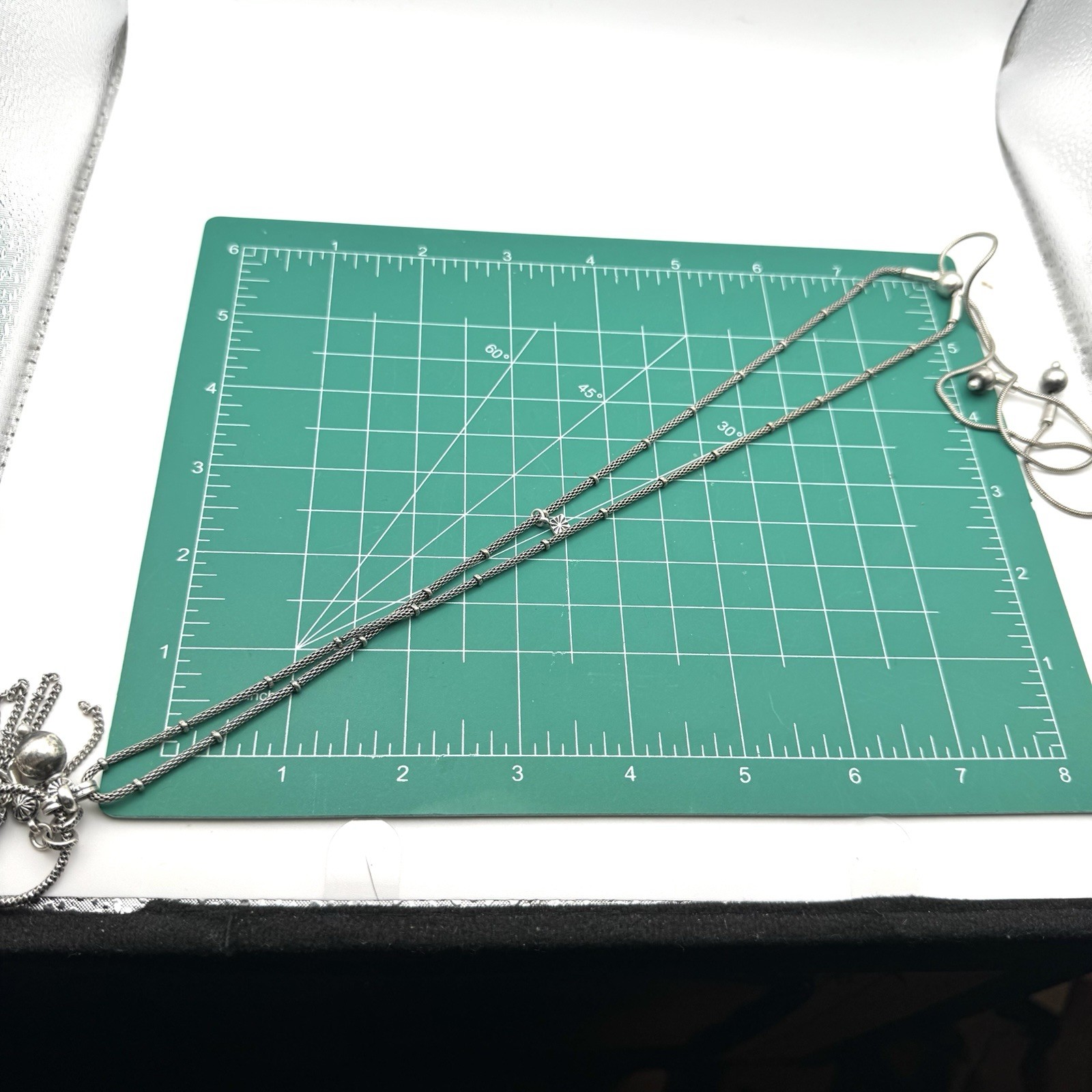 Silvertone Chain Necklace Metal Blue Cabochon And Metal charms Adjustable Slider