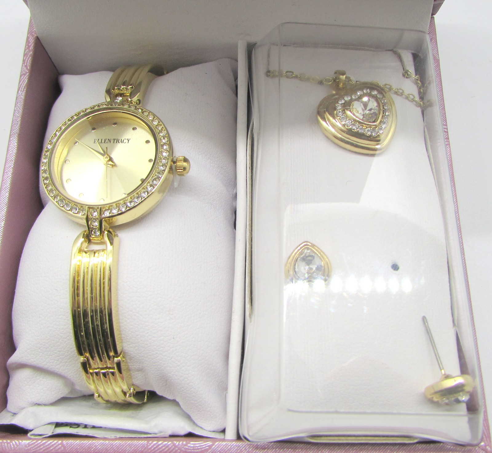 NEW Ellen Tracy Gold Tone Crystal Watch Set w/Necklace & Stud Earrings
