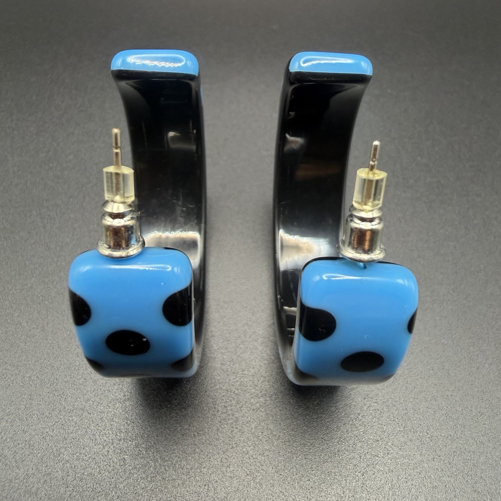 Vintage Black Blue Checkered Hoop Earrings Polka Dot Plastic Resin 1980s Retro
