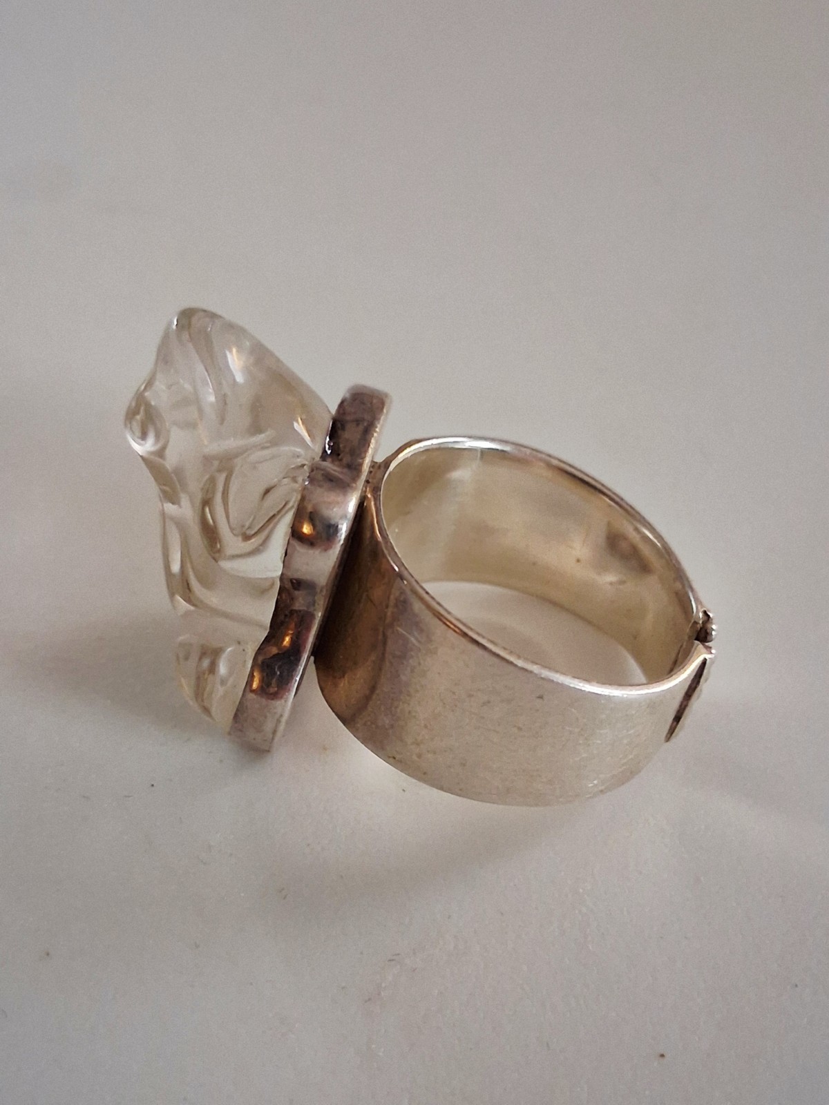 Hand Carved Rock Crystal Quartz Frog Statement Ring Size 10 Sterling Silver NIB