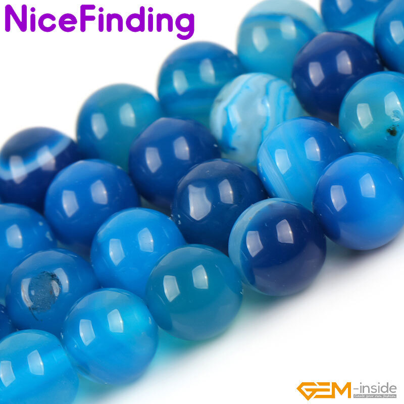 Natural Round Blue Smooth Sardonyx Agate Banded Beads For Jewelry Making 15”