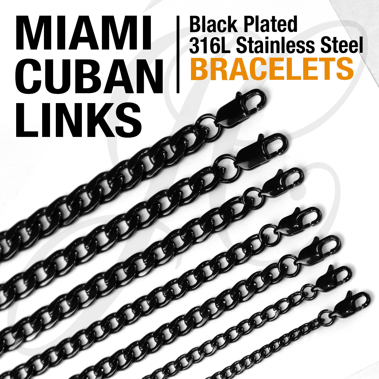 Black Plated Stainless Steel 316L Miami Cuban Links Bracelets 4-10mm Men Women
