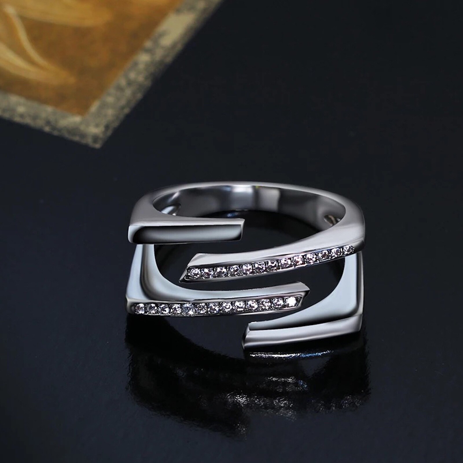 18k White Gold Plated Square Ring made w Swarovski Crystal Stone Designer Style