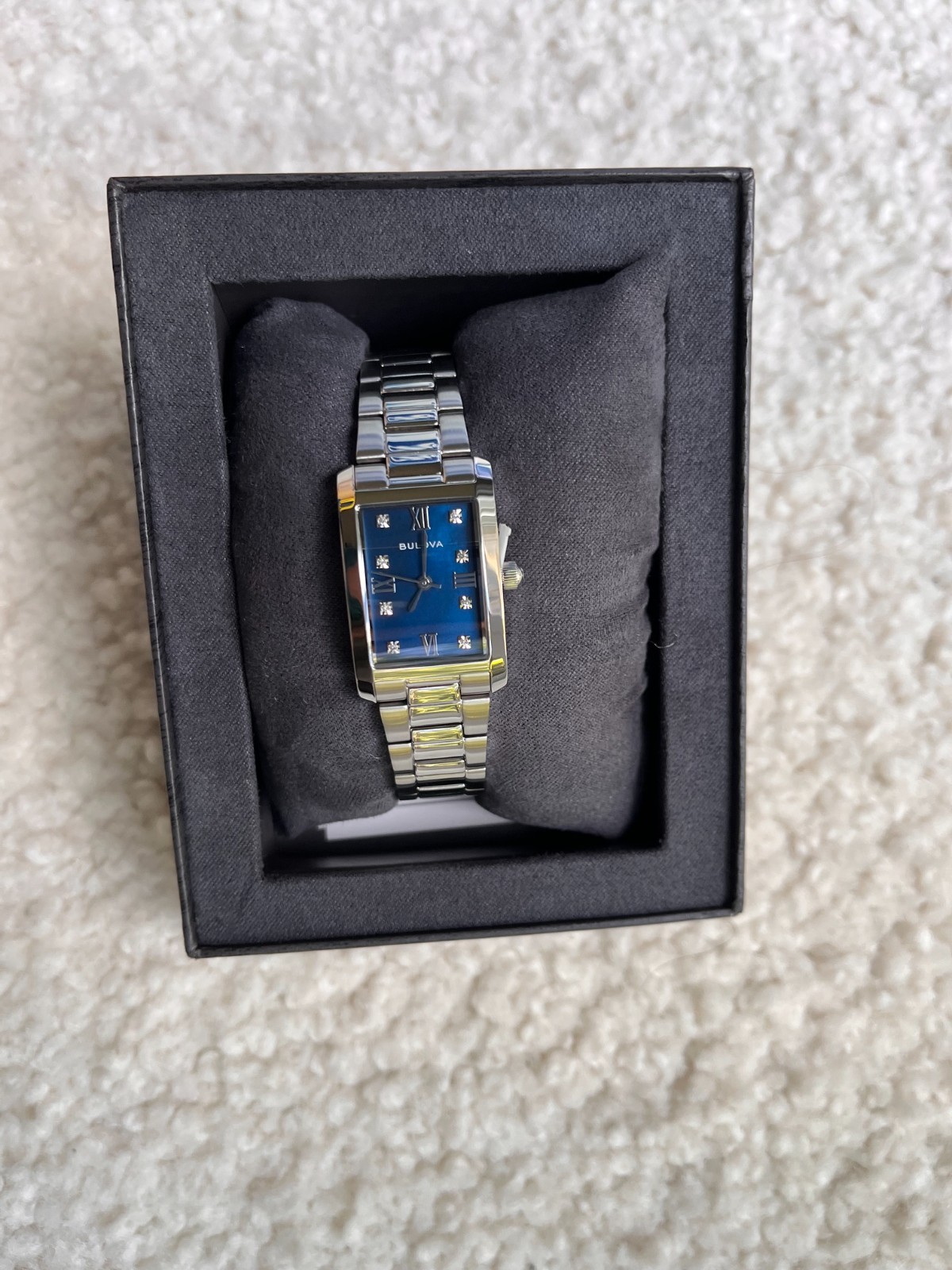 Bulova Classic Blue Abalone Diamond Ladies Tank Watch 96P262 Stainless Quartz