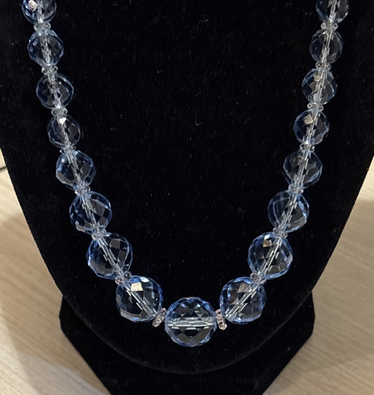 Vintage Art Deco Blue Crystal Beaded Necklace 32” Long Faceted Glass Beads