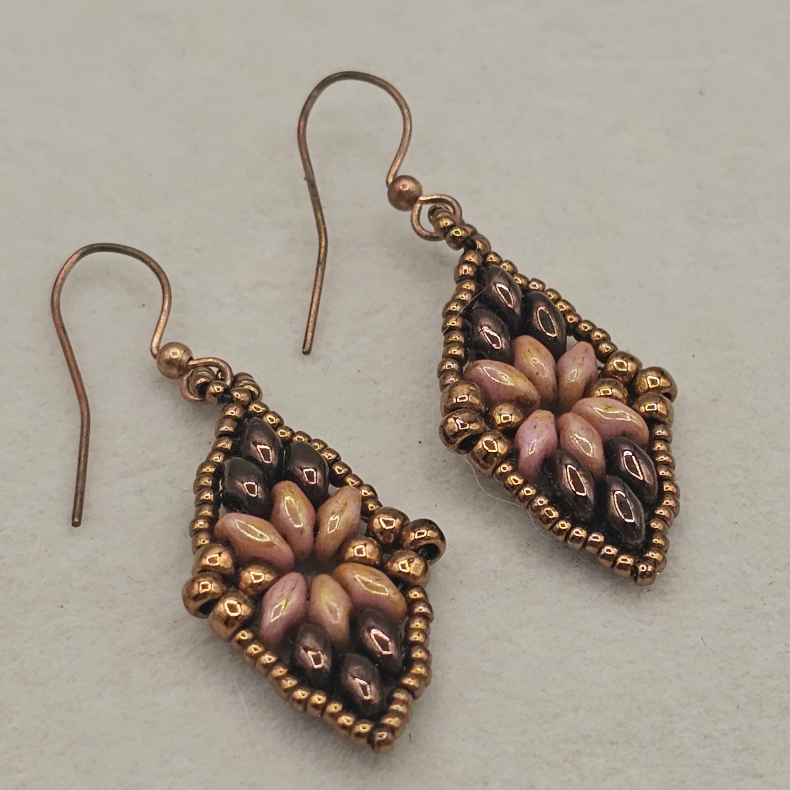 Beaded Floral Boho Dangle Earrings Mauve Purpleish Bronze Tones Earthy