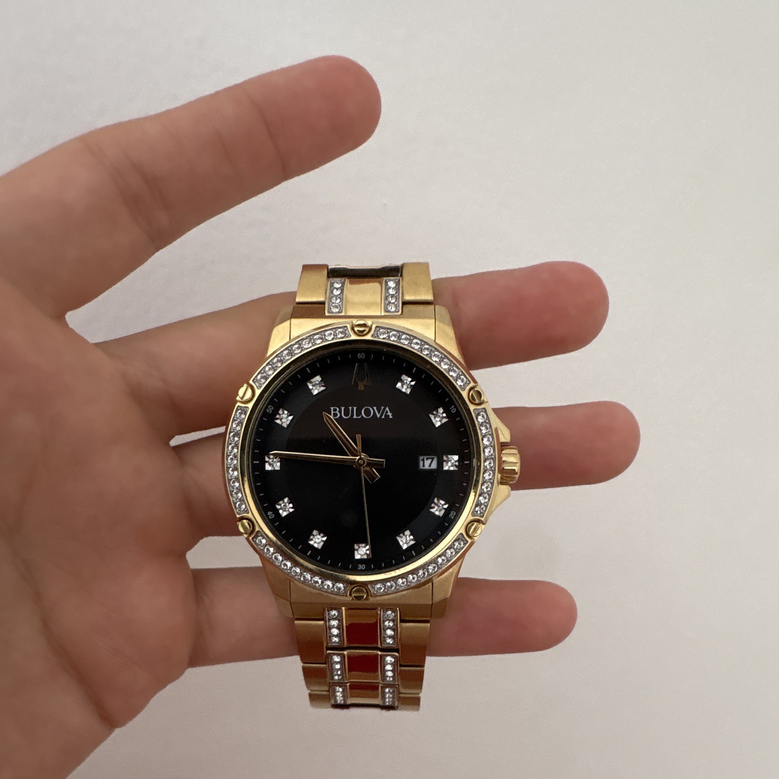 Bulova Men’s Gold Tone Quartz Watch Black Dial Diamond Bezel Date Bracelet