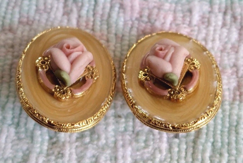 Goldtoned Oval Ornate Pierced Earrings With Ceramic Roses & Gold Swirl Enamel
