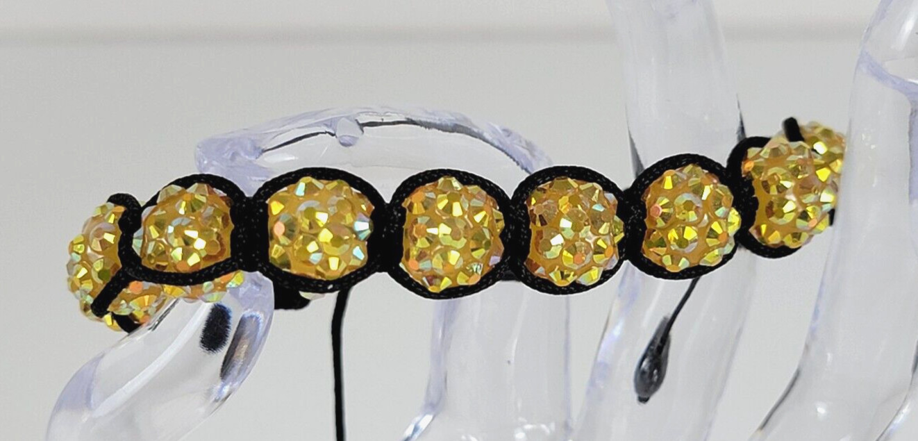 Yellow Crystal & Gray Hematite Charm Cord Slider Bracelet 6-9.5 In Black