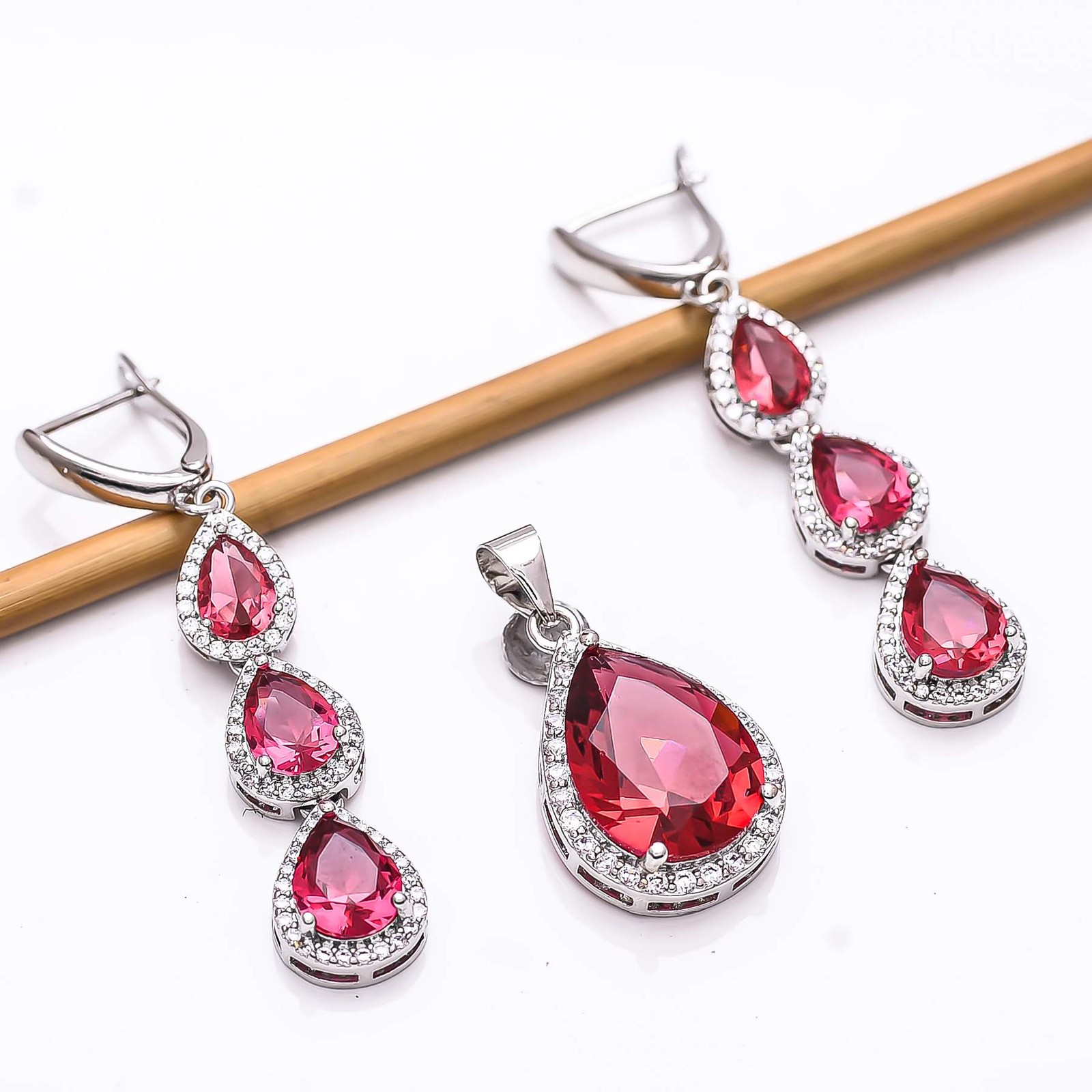 Pink Rubellite Tourmaline & CZ 925 Silver Handmade Pendant Earring Set P25