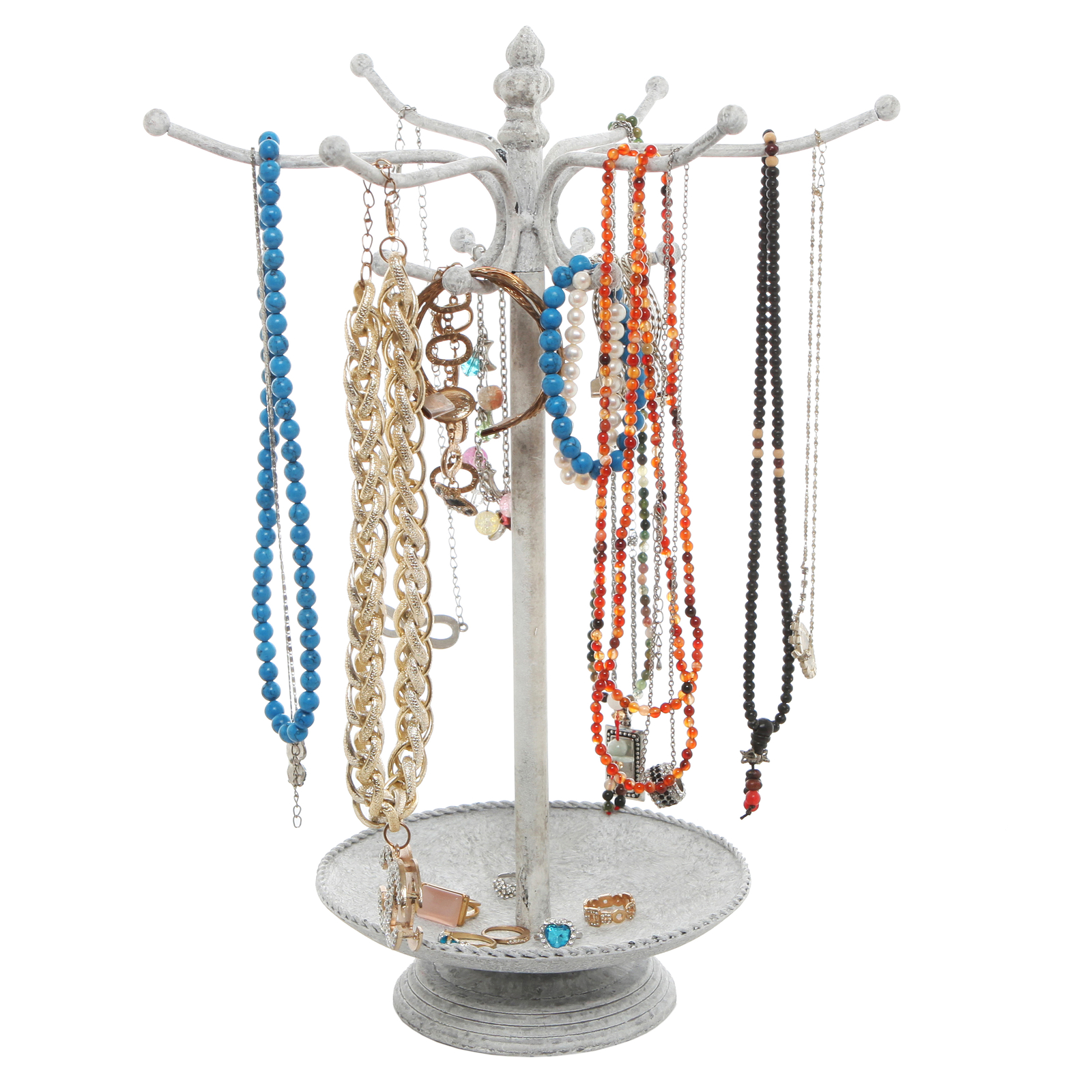 White Metal Jewelry Tree Organizer, Necklace Rack Stand w/ Ring Tray & 12 Hooks