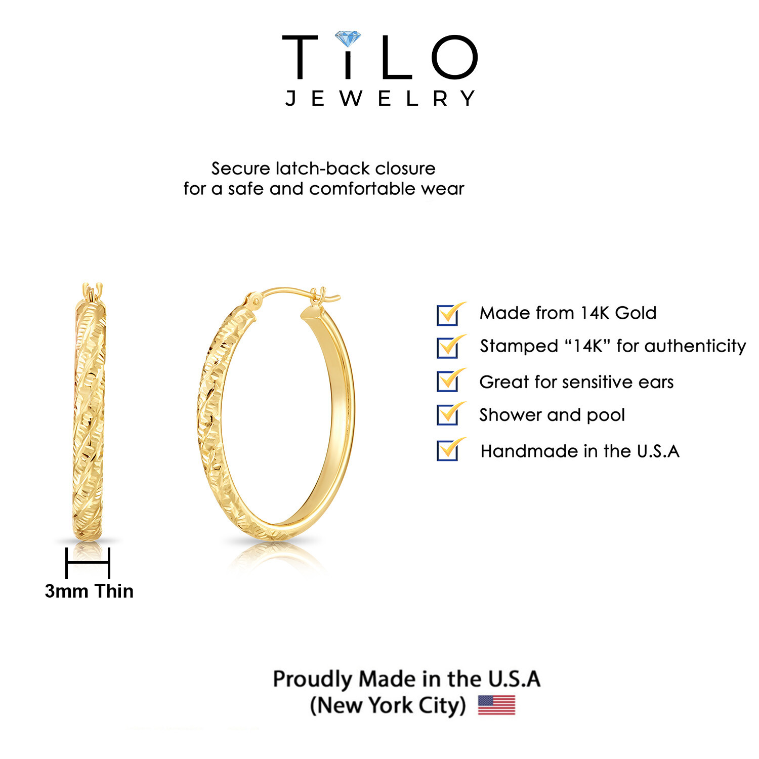 14K Real Solid Yellow Gold Hand Engraved Diamond-Cut Oval Creole Hoop Earrings