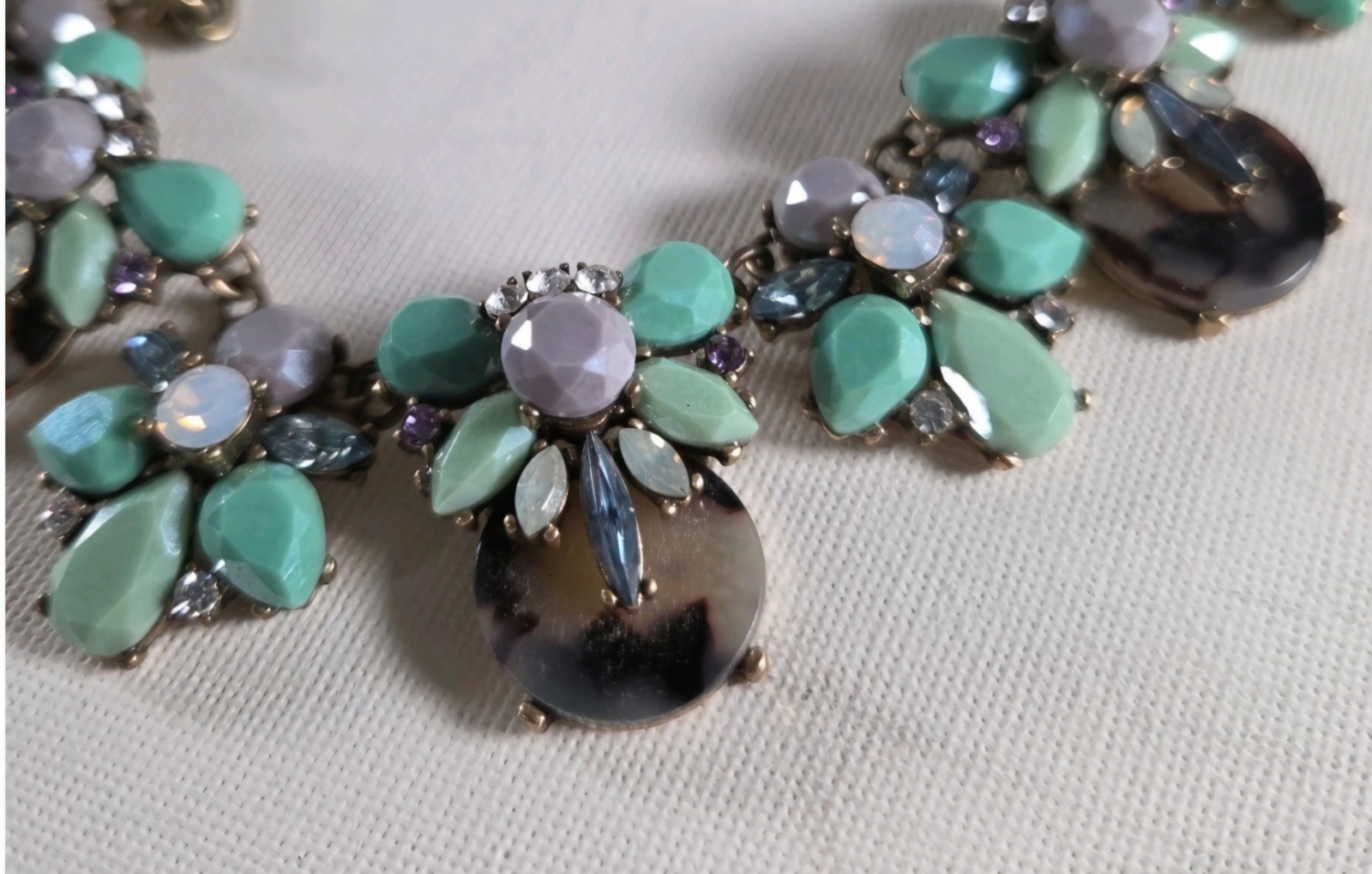 Mint Green Jade Opal Amethyst Rhinestone Floral Statement Bib Necklace