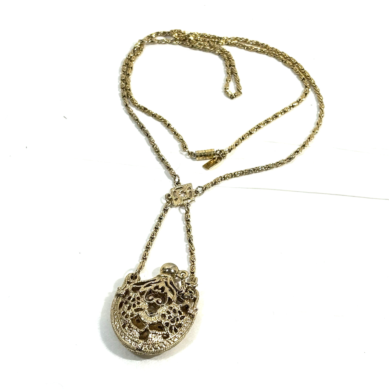 1928 Brand Art Nouveau Style Filigree Poison Flask Pendant Necklace Gold Tn 26″
