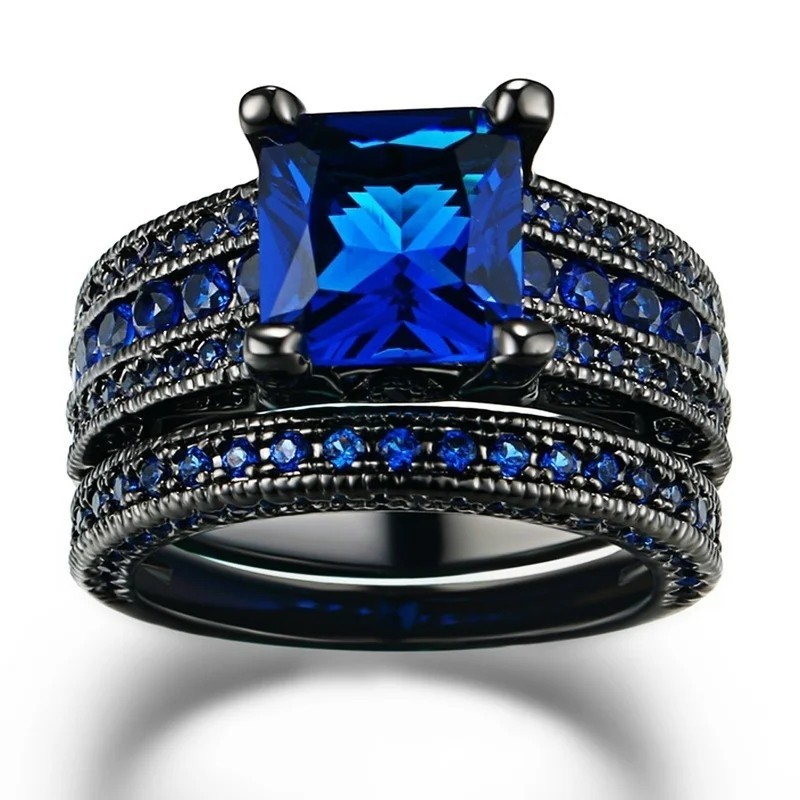 Vintage Black Blue CZ Wedding Engagement Ring Set Bridal Women Fashion Jewelry