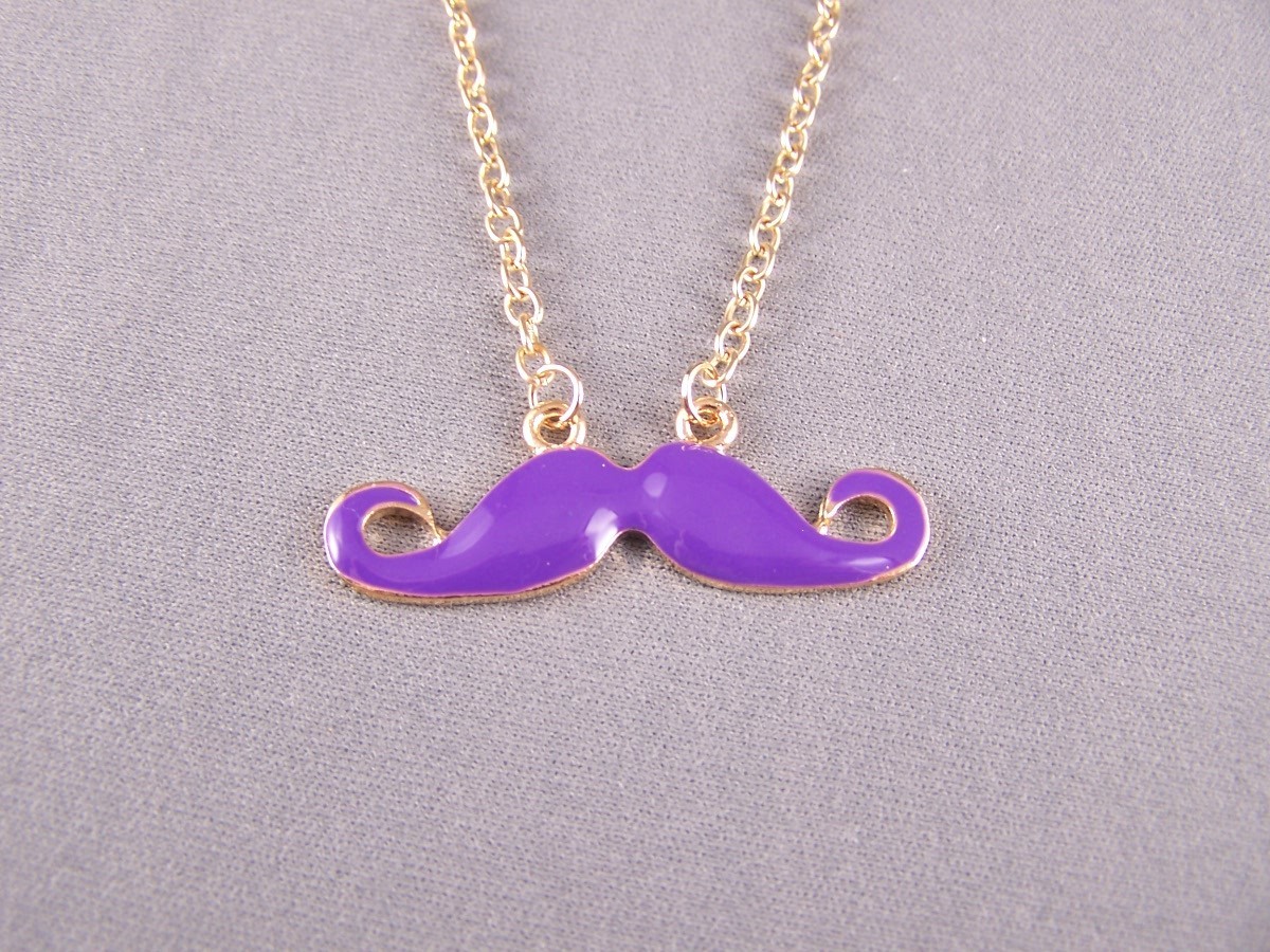 Purple Gold mustache moustache pendant charm 26″ long chain necklace handle bar