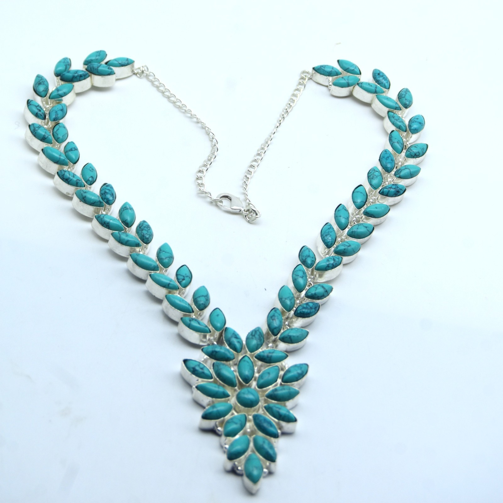 925 Sterling Silver Turquoise Gemstone Handmade Jewelry Necklace Size-18″