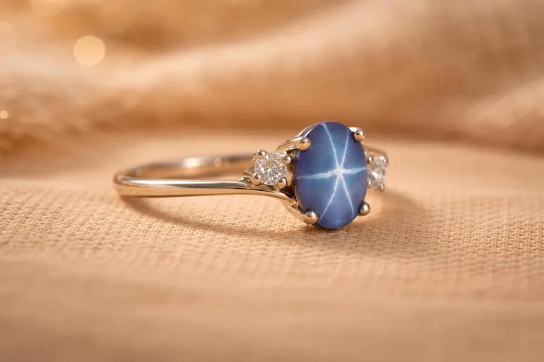 Lab Created star Blue Topaz Ring, Base Metal: Brass Finish: Gold Plated, Gift