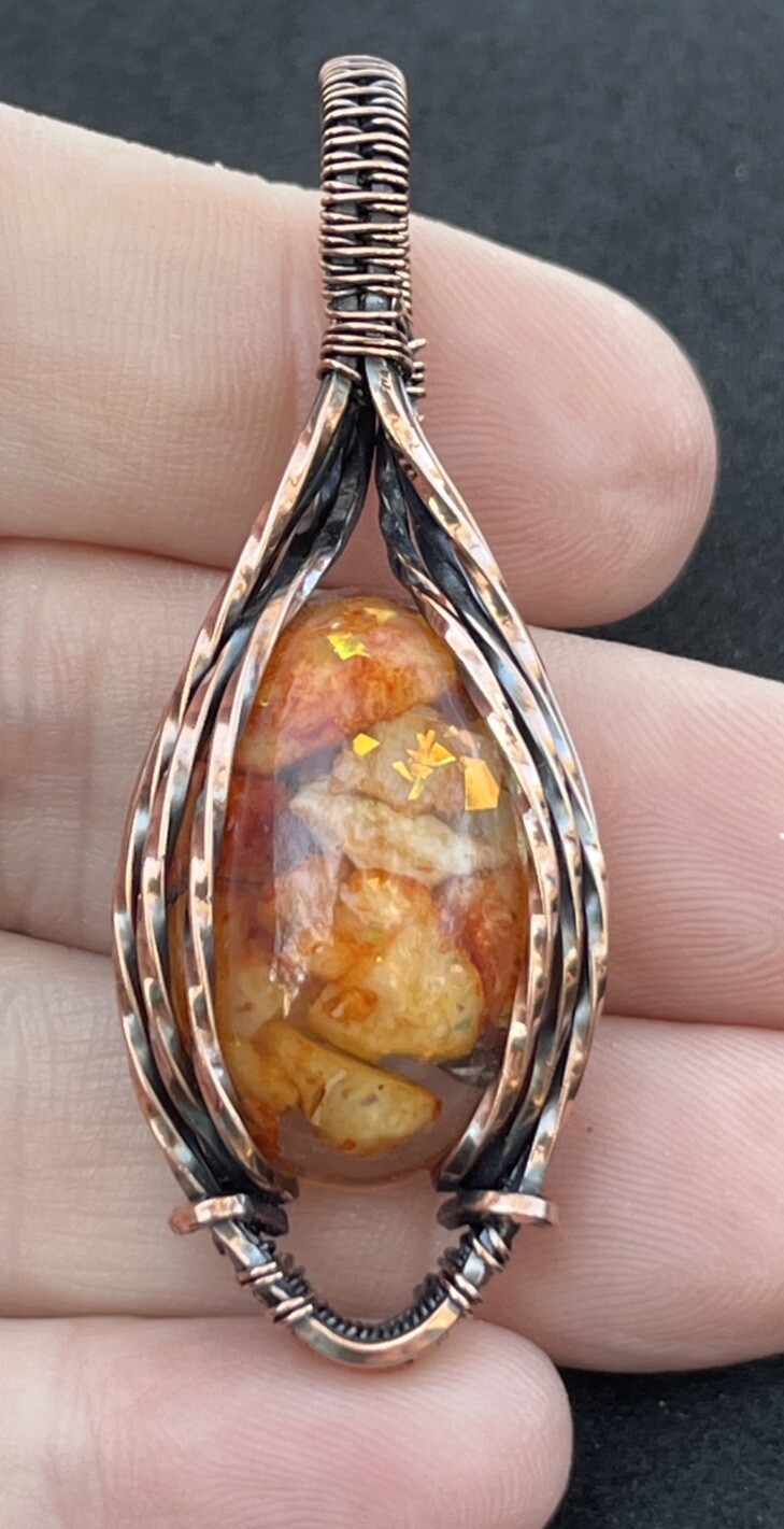 Orange Calcite (in resin)~ Handmade copper wire wrapped pendant 10b