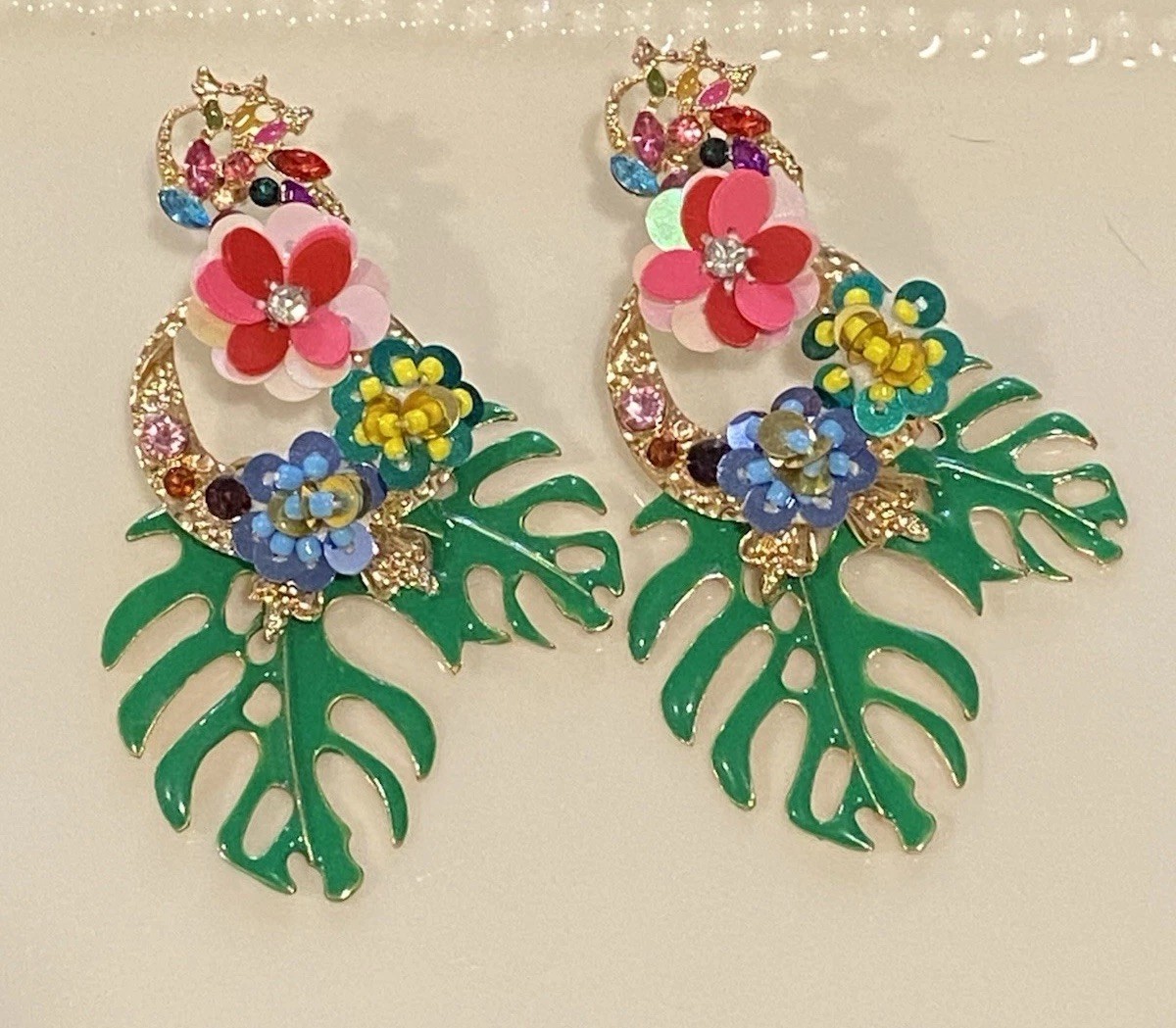 Vintage Flowers and Palm Leaf Drop Pierced Earrings 3.5 Inches Long Multi-color