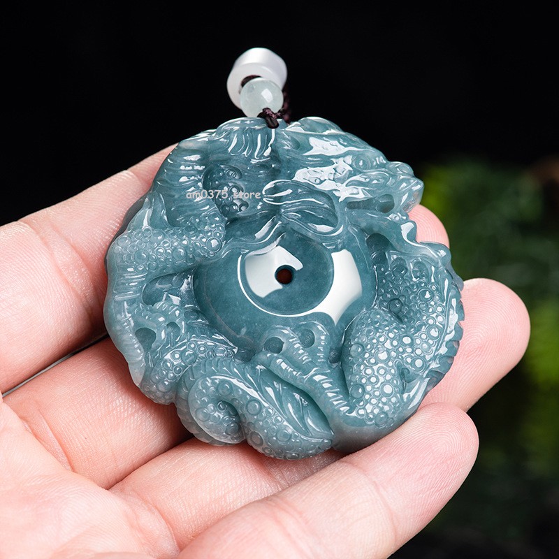 Natural Grade A Jade Jadeite Blue Water Ice Species Circle Zodiac Dragon Pendant