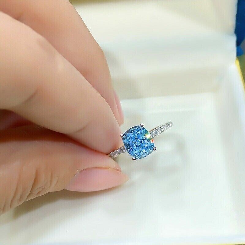 2Ct Cushion Cut Lab Created Blue Topaz Women Wedding Ring 14K White Gold Plated