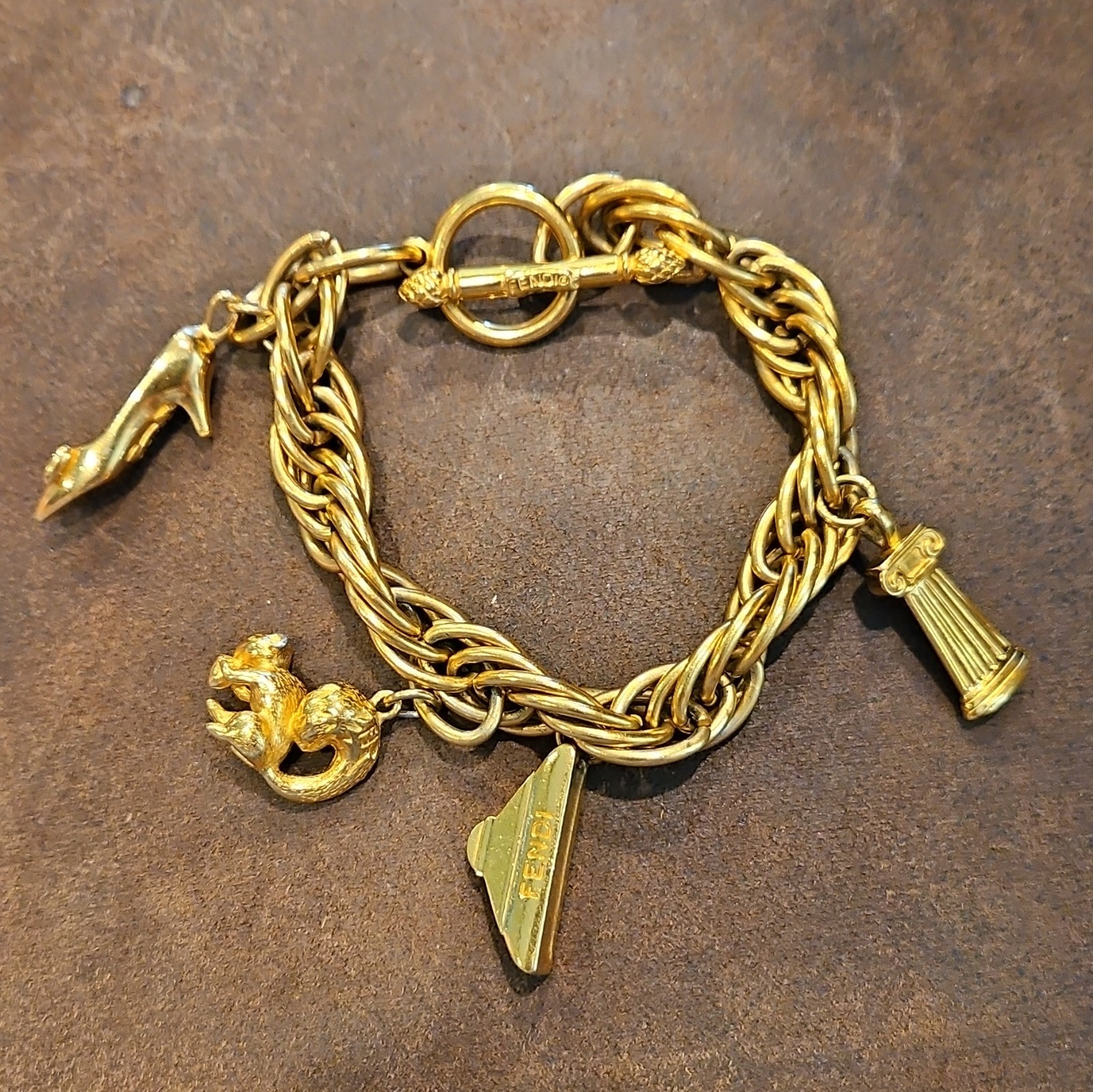 Rare Vintage Fendi Gold Plated Charm Bracelet Squirrel Shoe Handbag Toggle 75g