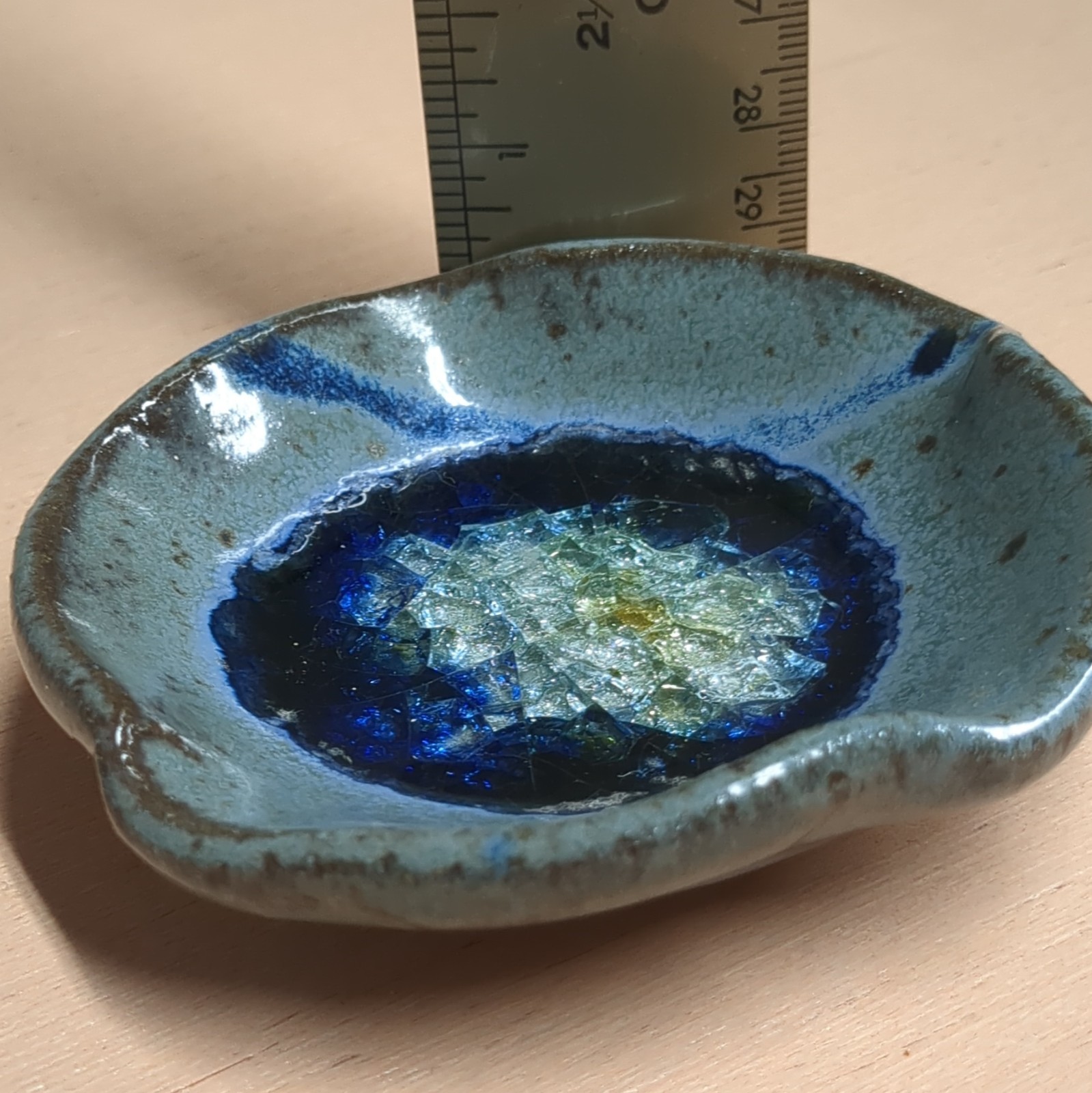 Handmade Ceramic Round Ring Jewelry Dish, Blue & Gray, Holds 3 Pieces