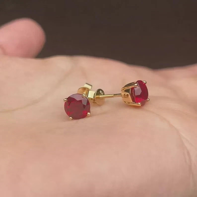 2.00Ct Round Cut Natural Red Ruby Diamond Real 14K Yellow Gold Earring Stud Love