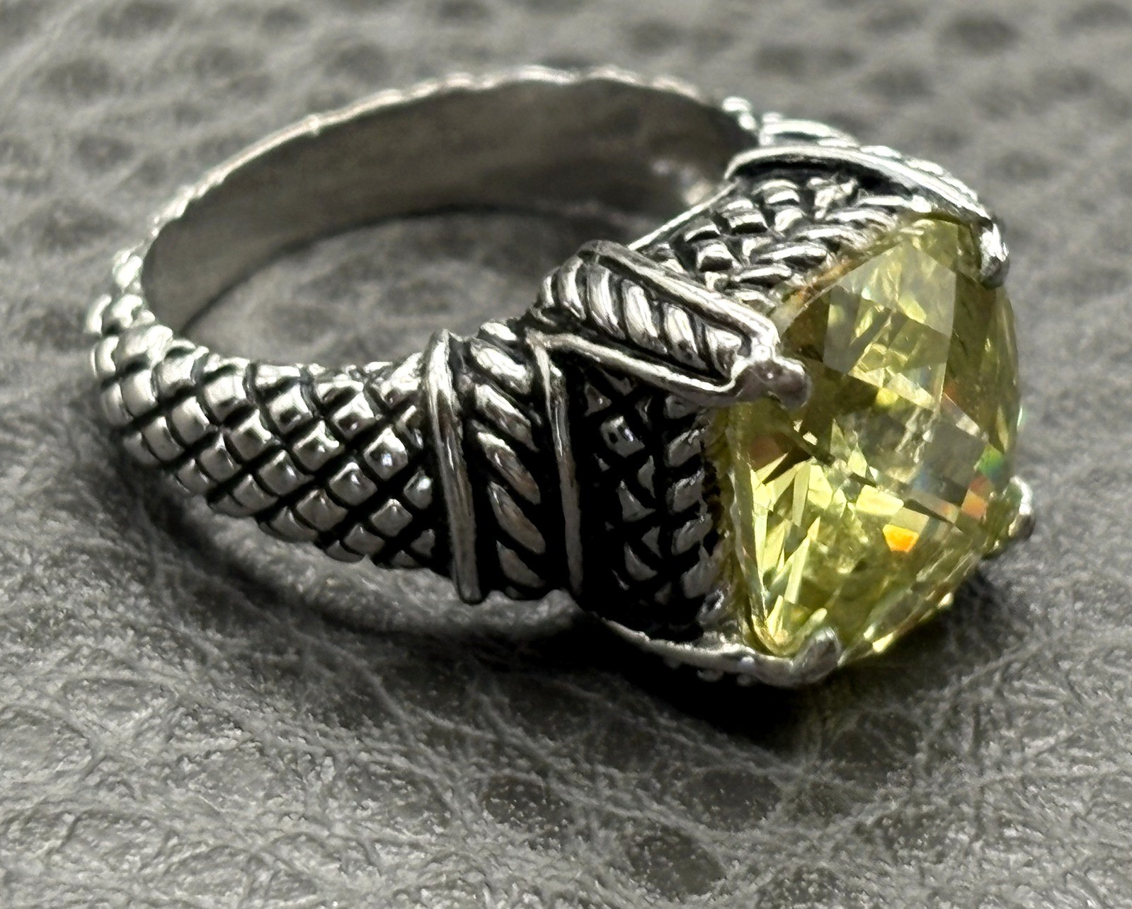 Designer Silver Tone Yellow CZ Faux Citrine Cushion Cut Ring Cable Woven Band 7