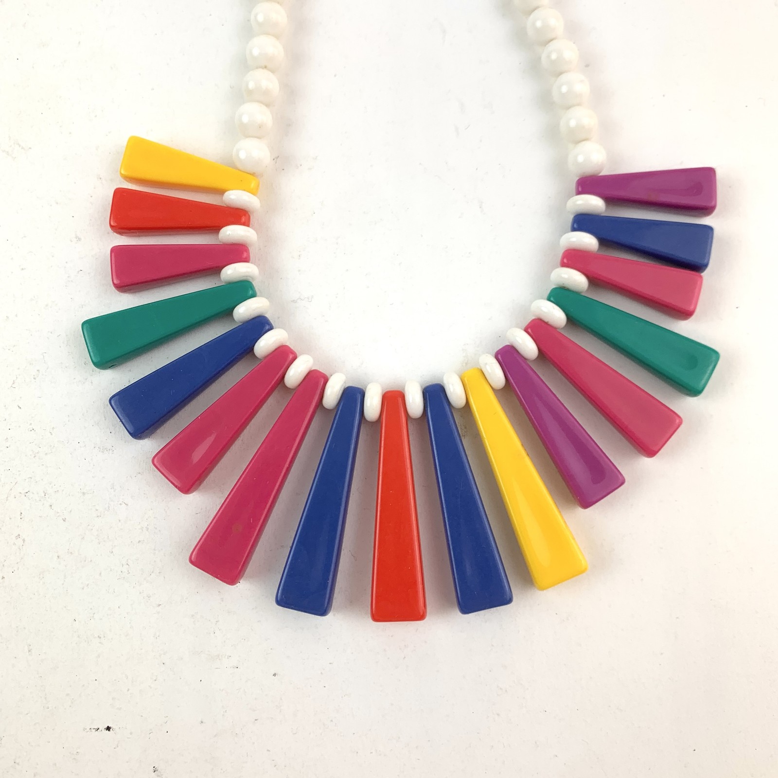Vintage 80s 90s Colorful Geometric Fan Bead Necklace Retro Plastic Resin