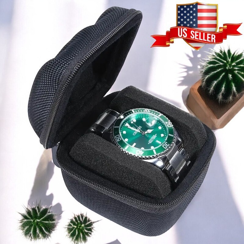 1 Slot Black & Black Watch Hard Case Watch Roll travel case, Storage Case